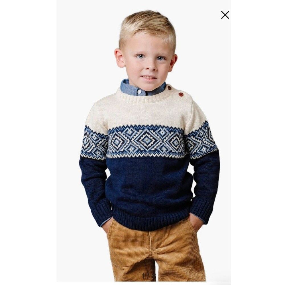 HOPE & HENRY Boys L Sweater Organic Cotton Fair Isle Nordic Navy Cream Preppy